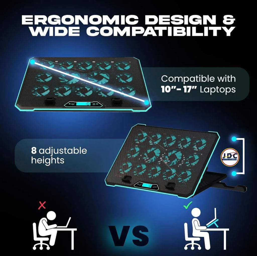 Base Refrigerante Portátil Gamer hasta de 17" Profesional Rgb con 14 ventiladores y con pantalla LCD
