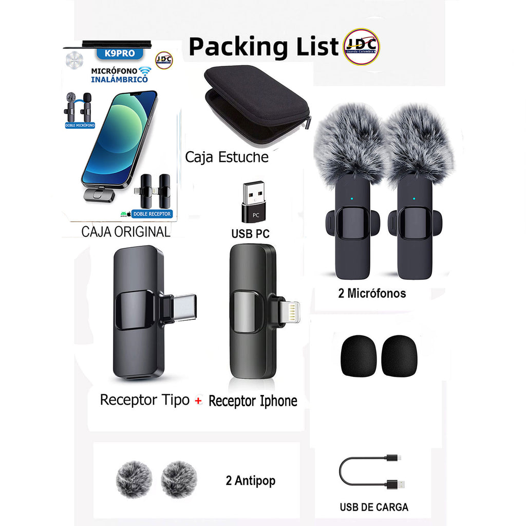 Micrófono De Solapa Inalámbrico Con 2 Receptores Para Celular Tipo C Iphone Y Pc Con estuche K9Pro Negro
