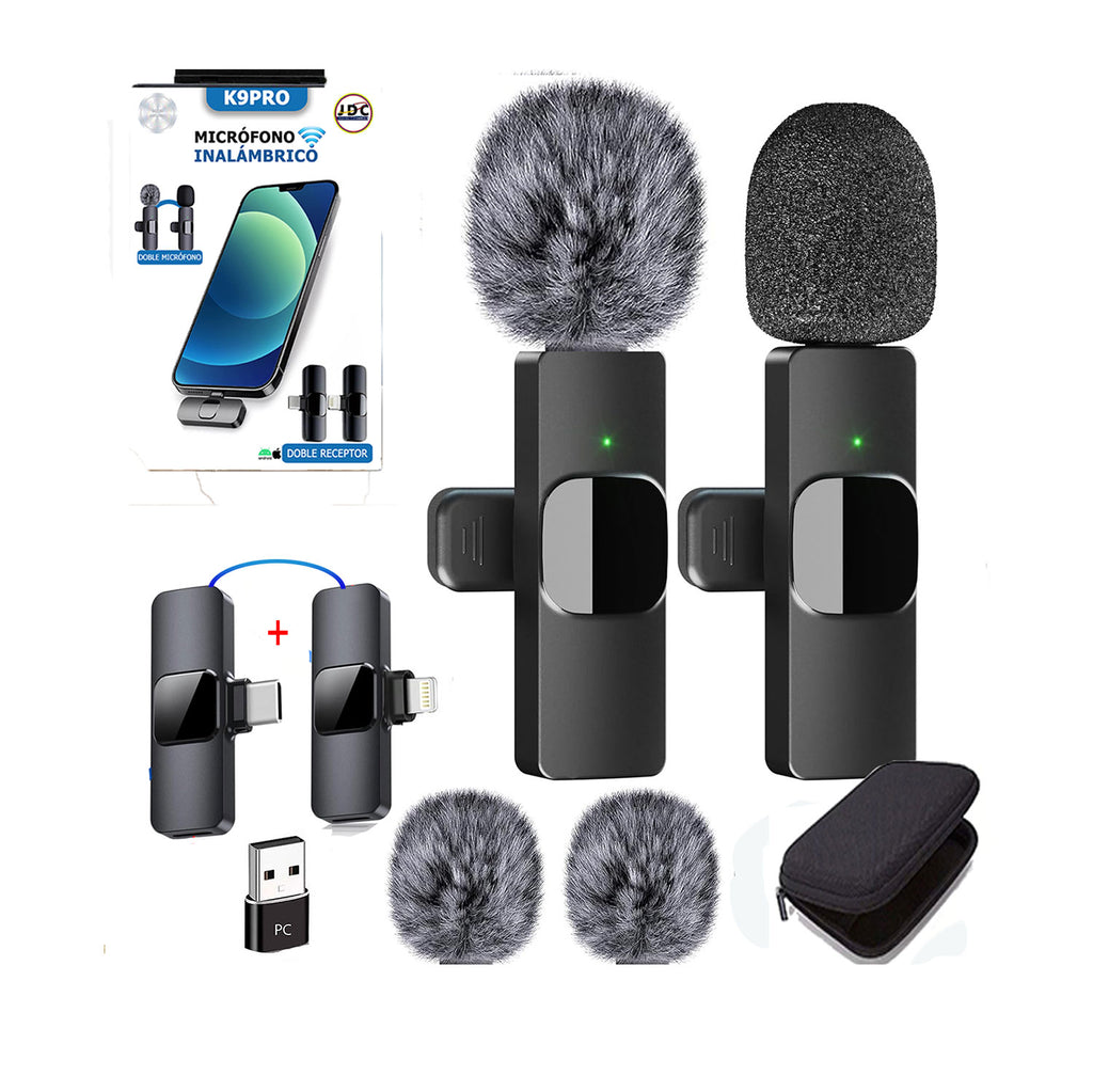Micrófono De Solapa Inalámbrico Con 2 Receptores Para Celular Tipo C Iphone Y Pc Con estuche K9Pro Negro