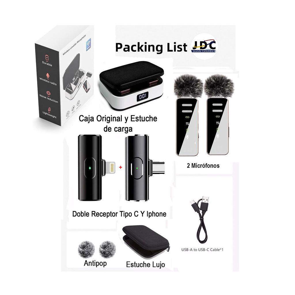 JuandaColombia S18Pro Micrófono Profesional Inalámbrico De Solapa Doble Receptor S18 Pro Para Celular Usb Tipo C iPhone Lightning Y Computador Negro