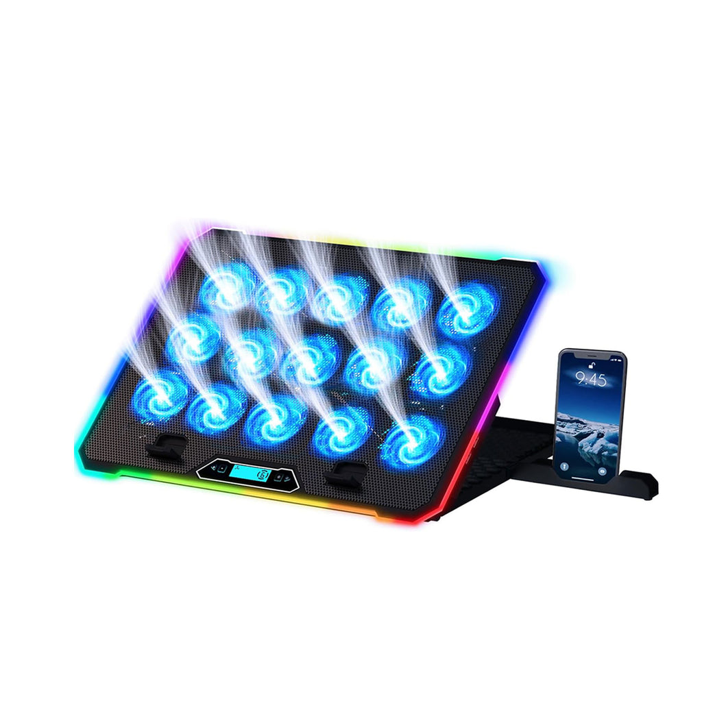 Base Refrigerante Portátil Gamer hasta de 17" Profesional Rgb con 14 ventiladores y con pantalla LCD